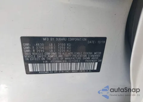 2020 Subaru Legacy Premium z USA, uszkodzony, nr VIN 4S3BWAC66L3015862